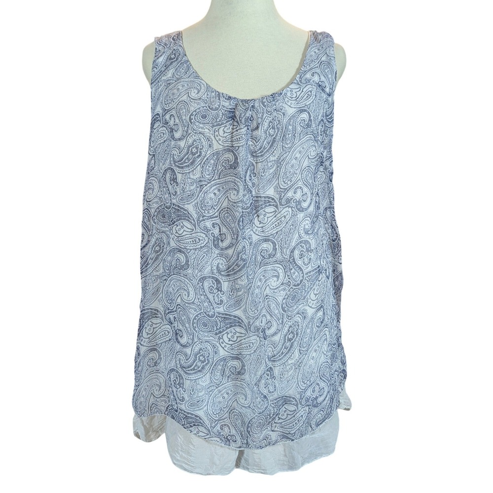 Via Signoria Tank Top Women L Blue Paisley 100%‎ Silk Made in Italy Ruffle